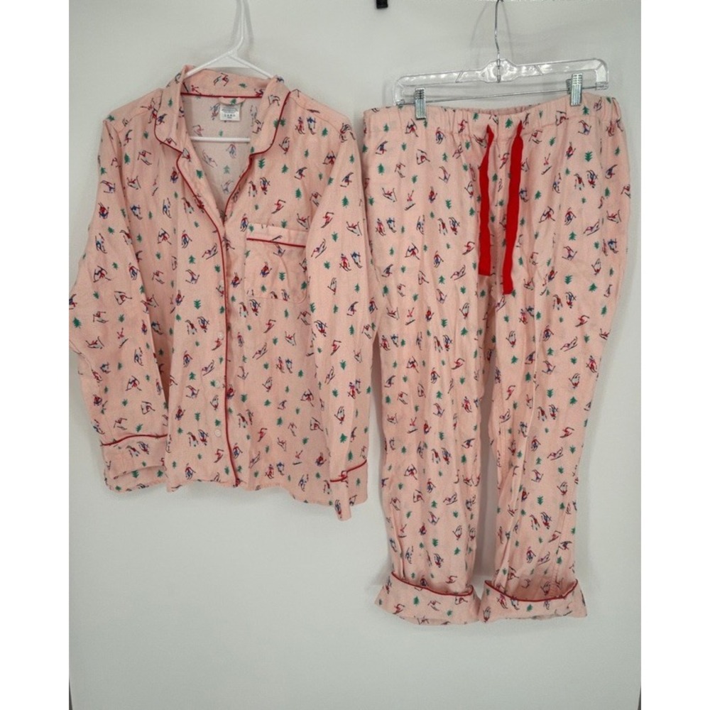 Lands End Womens L 14-16 Pajama Set Pink Ski Print Cotton Apres Ski Cozy Cabin